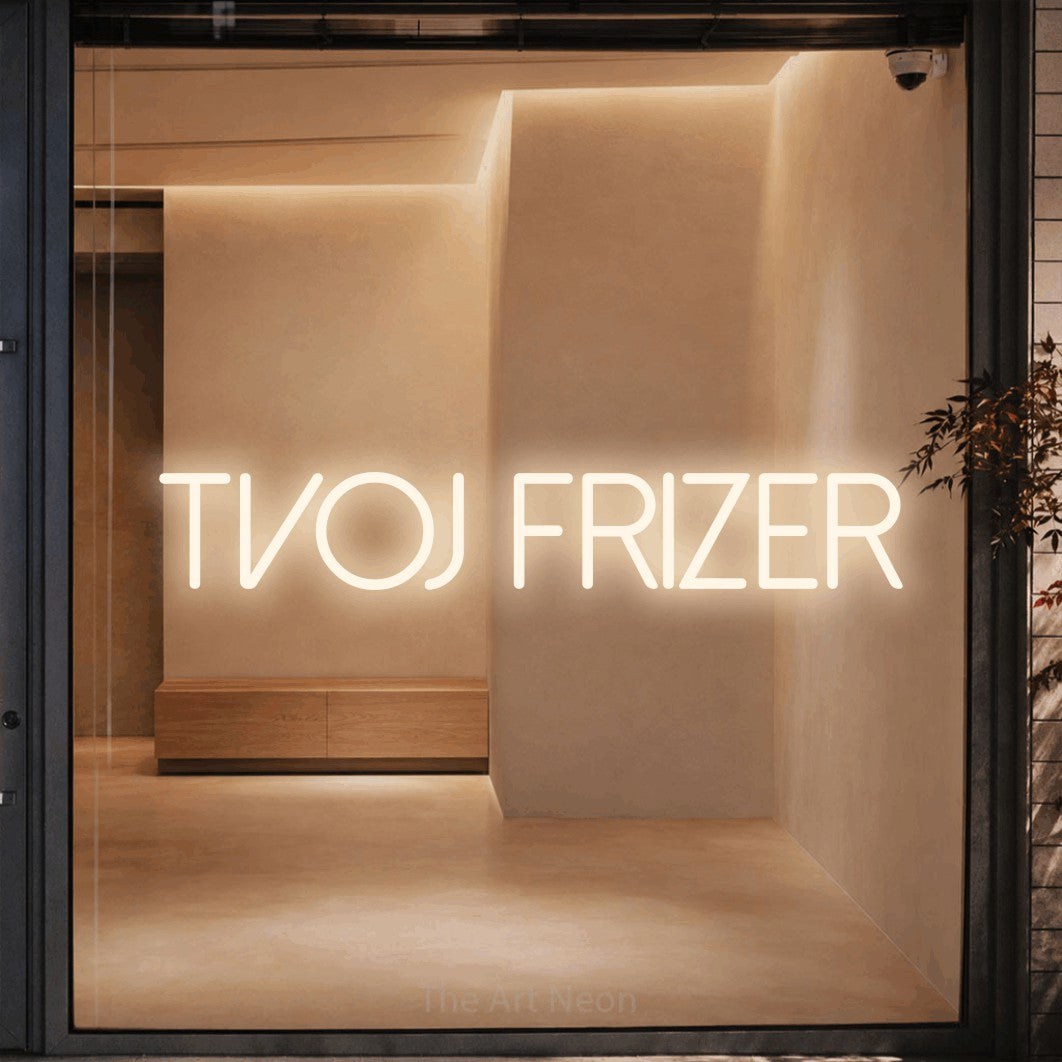 LED neon sign reading “tvoj frizer”, arranged in a single line.