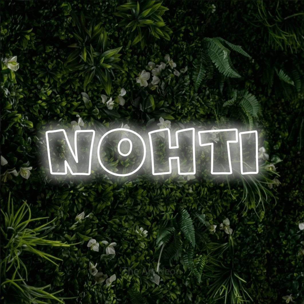 LED neon sign reading “nohti”, arranged in a single line.
