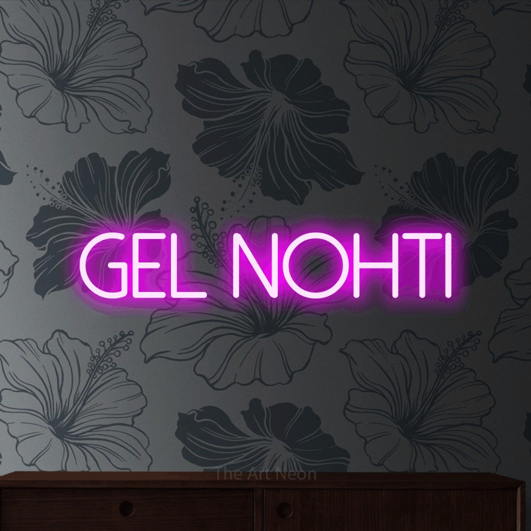 LED neon sign reading “GEL NOHTI”, arranged in a single line.
