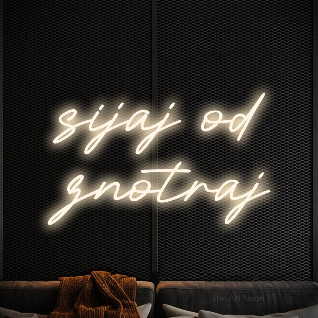 LED neon sign reading “sijaj od znotraj”, arranged in two lines.