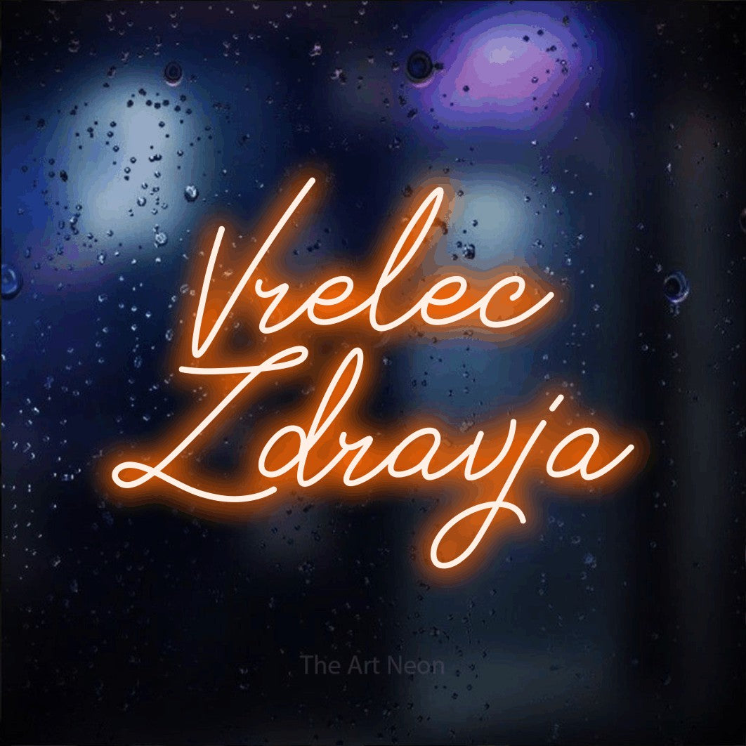 LED neon sign reading “Vrelec Zdravja”, arranged in two lines.