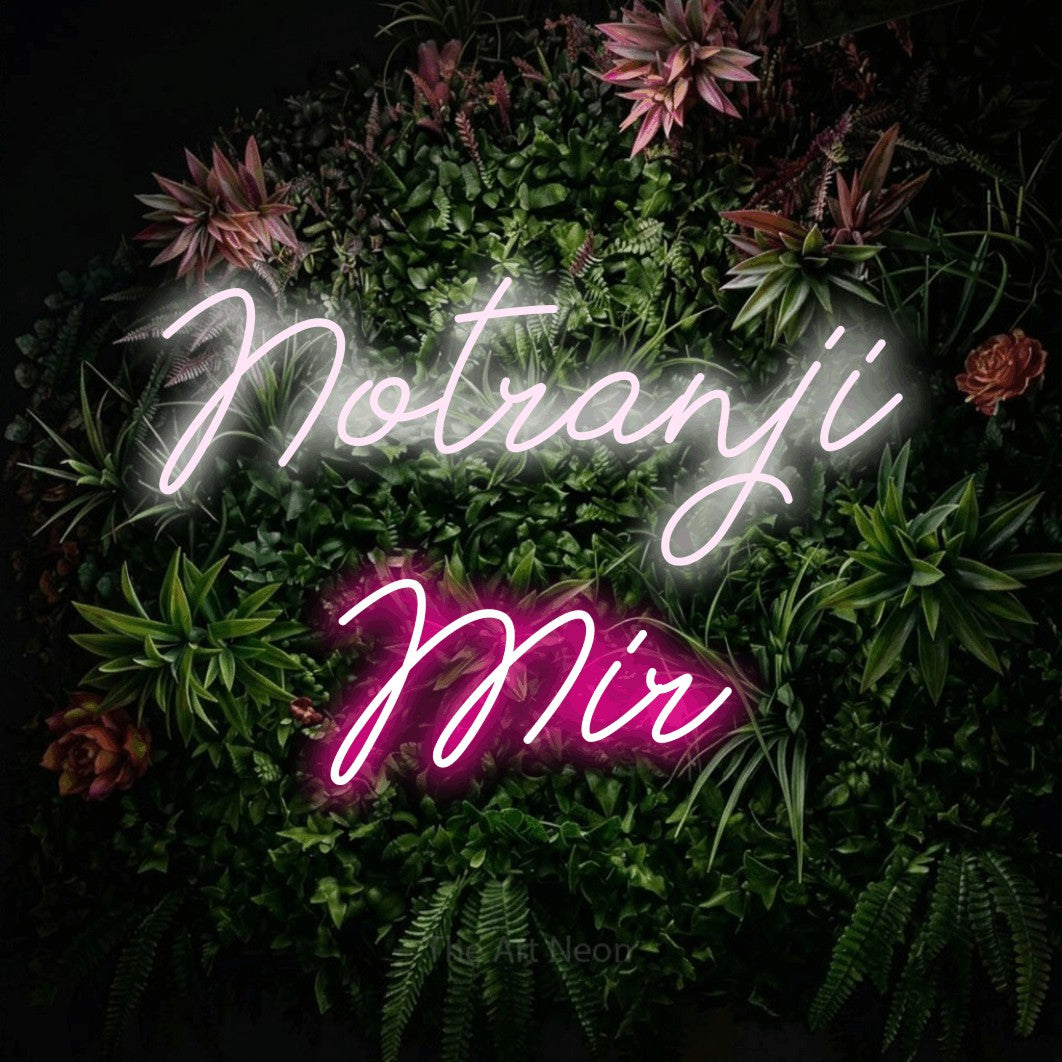 LED neon sign reading “Notranji Mir”, arranged in two lines.