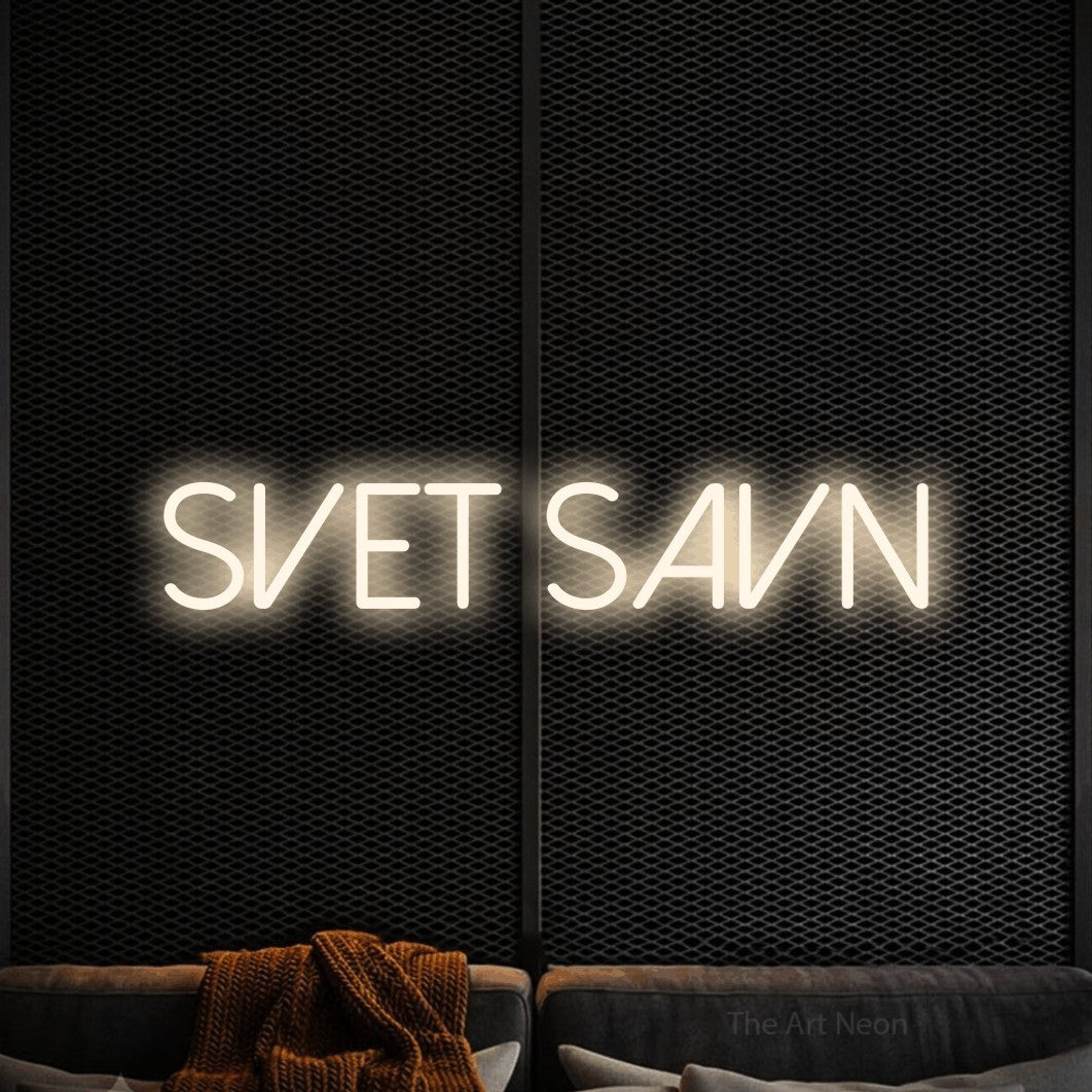 LED neon sign reading “SVET SAVN”, arranged in a single line.