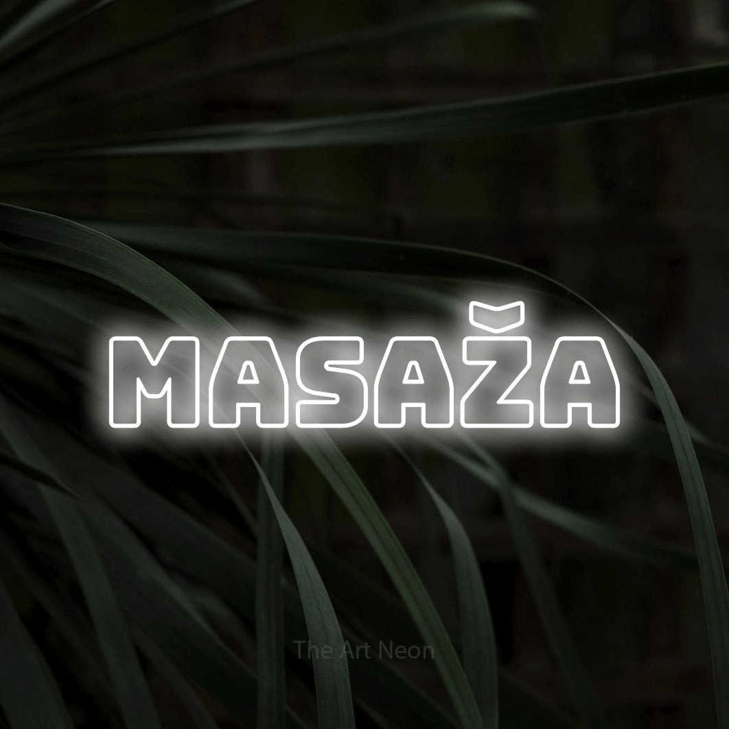 LED neon sign reading “MASAŽA”, arranged in a single line.
