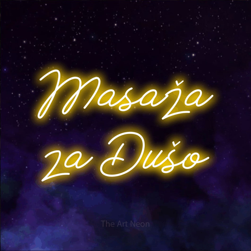LED neon sign reading “Masaža za Dušo”, arranged in two lines.