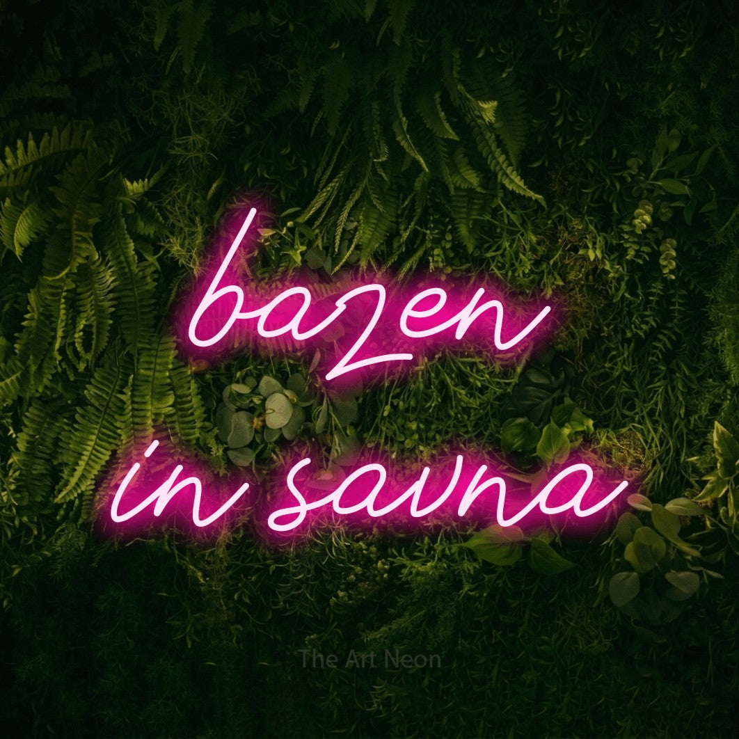 LED neon sign reading “bazen in savna”, arranged in two lines.