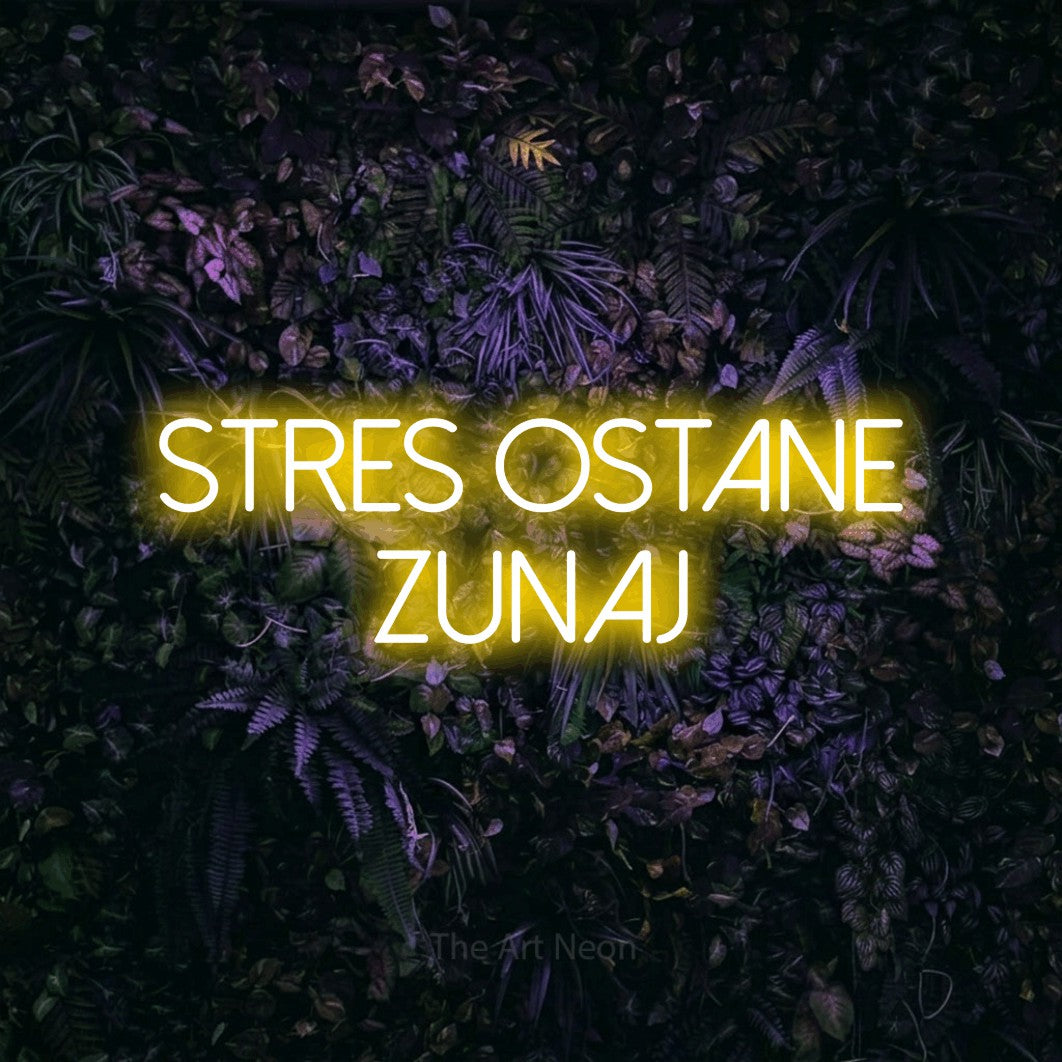 LED neon sign reading “STRES OSTANE ZUNAJ”, arranged in two lines.