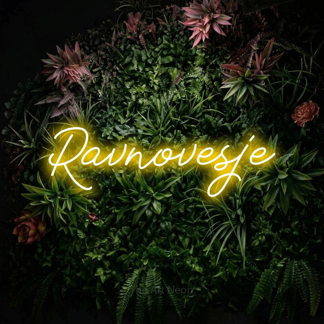 LED neon sign reading “Ravnovesje”, arranged in a single line.