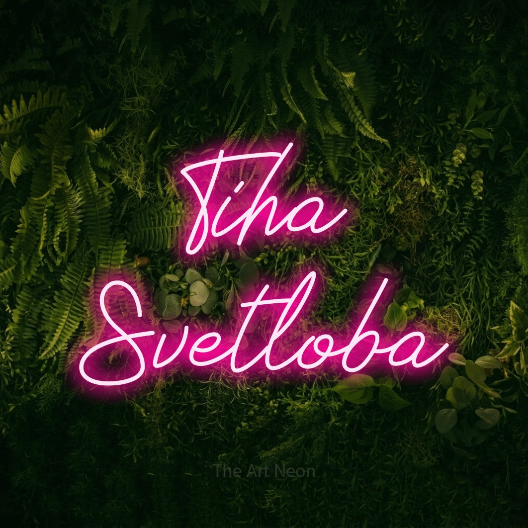LED neon sign reading “Tiha Svetloba”, arranged in two lines.