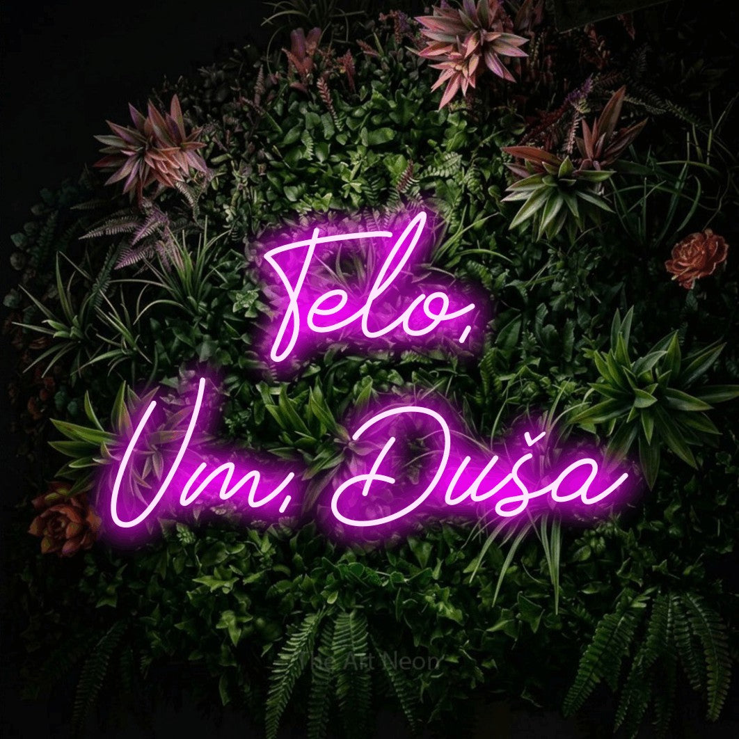 LED neon sign reading “Telo, Um, Duša”, arranged in two lines.
