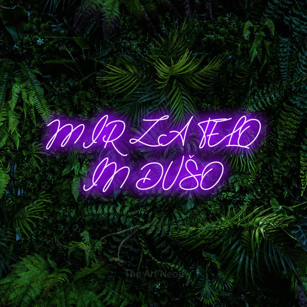 LED neon sign reading “MIR ZA TELO IN DUŠO”, arranged in two lines.