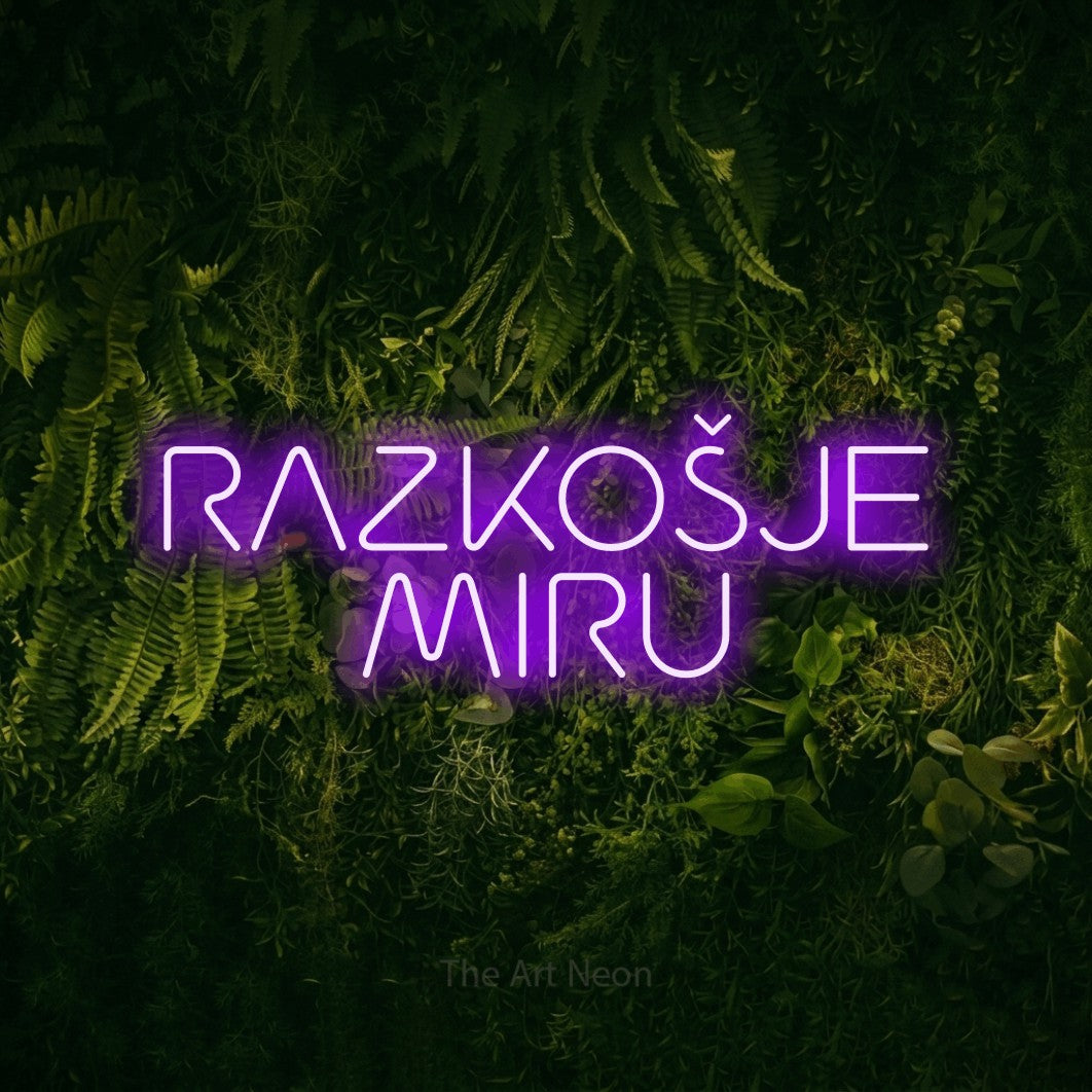 LED neon sign reading “RAZKOŠJE MIRU”, arranged in two lines.