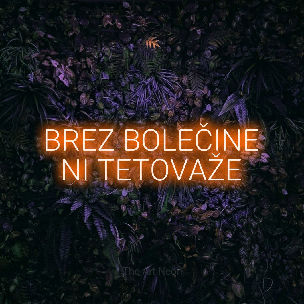 LED neon sign reading “BREZ BOLEČINE NI TETOVAŽE”, arranged in two lines.