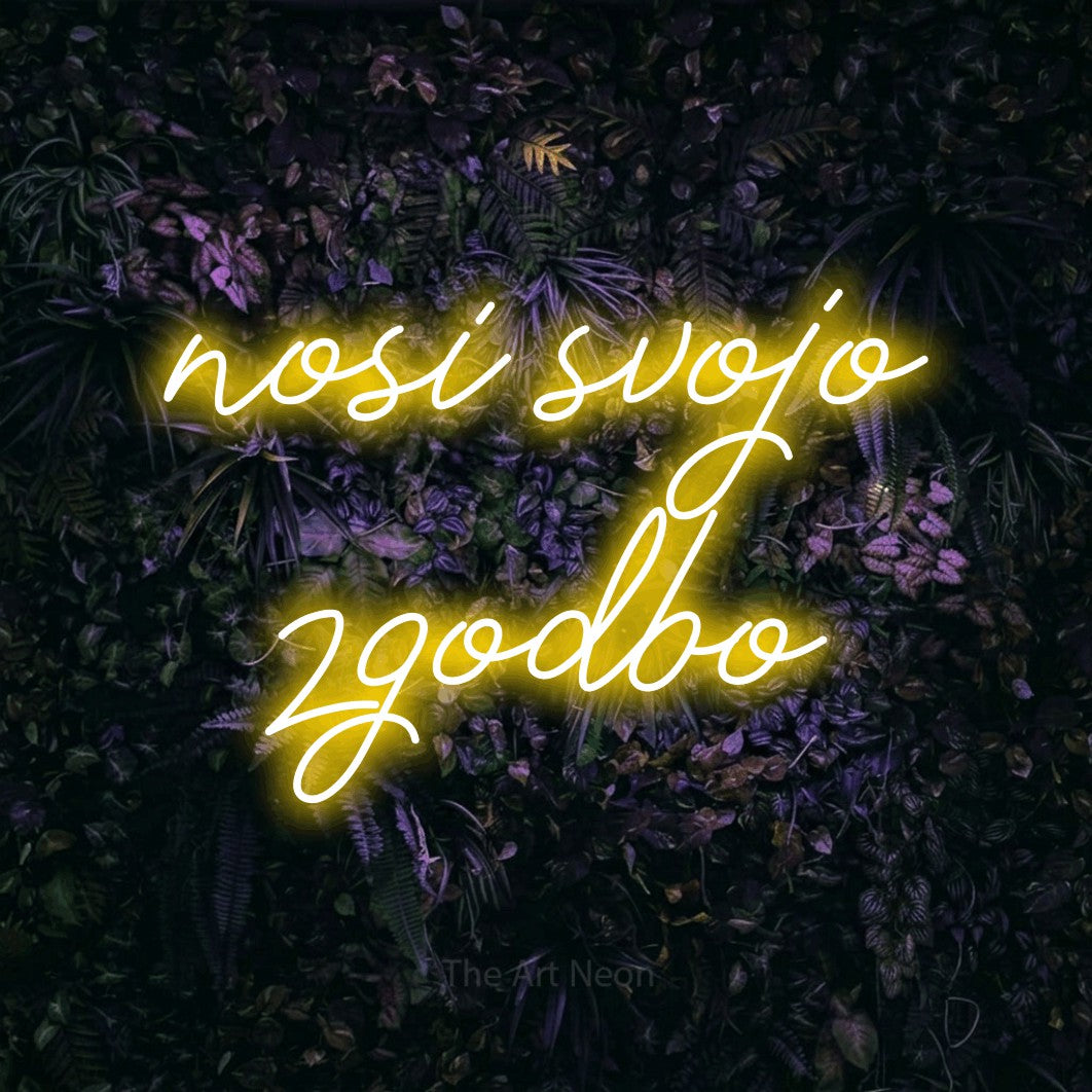 LED neon sign reading “nosi svojo zgodbo”, arranged in two lines.