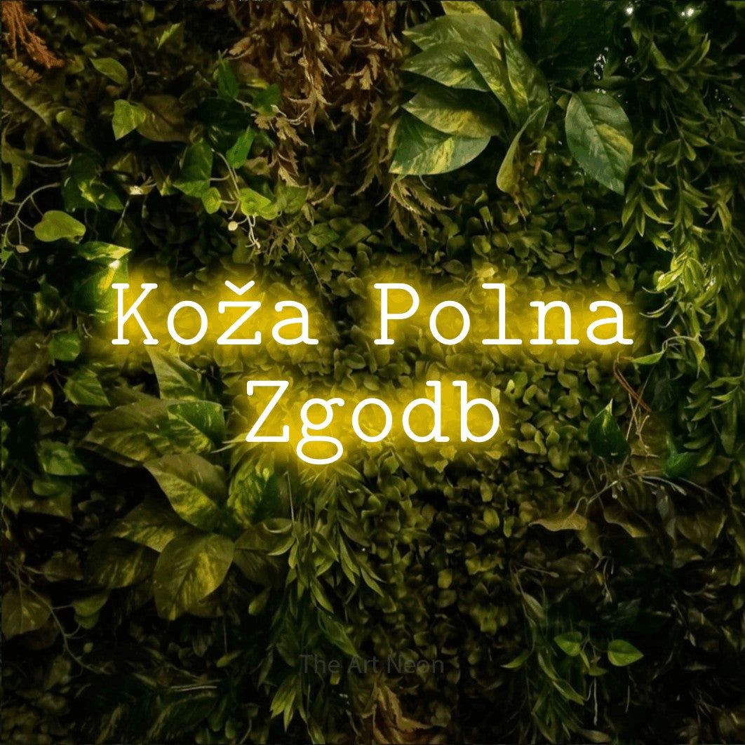 LED neon sign reading “Koža Polna Zgodb”, arranged in two lines.