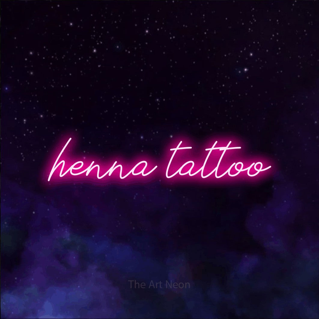 LED neon sign reading “henna tattoo”, arranged in a single line.