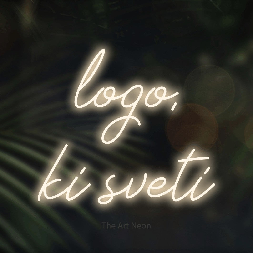 LED neon sign reading “logo, ki sveti”, arranged in two lines.
