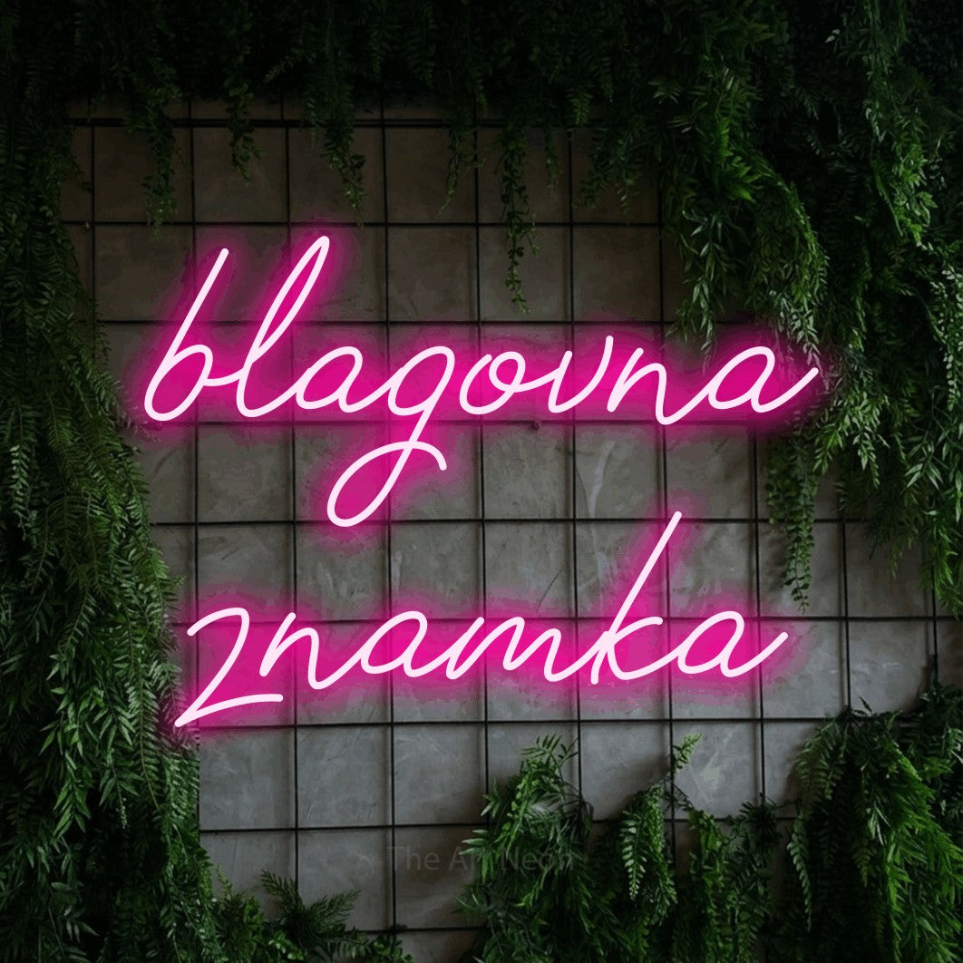 LED neon sign reading “blagovna znamka”, arranged in two lines.