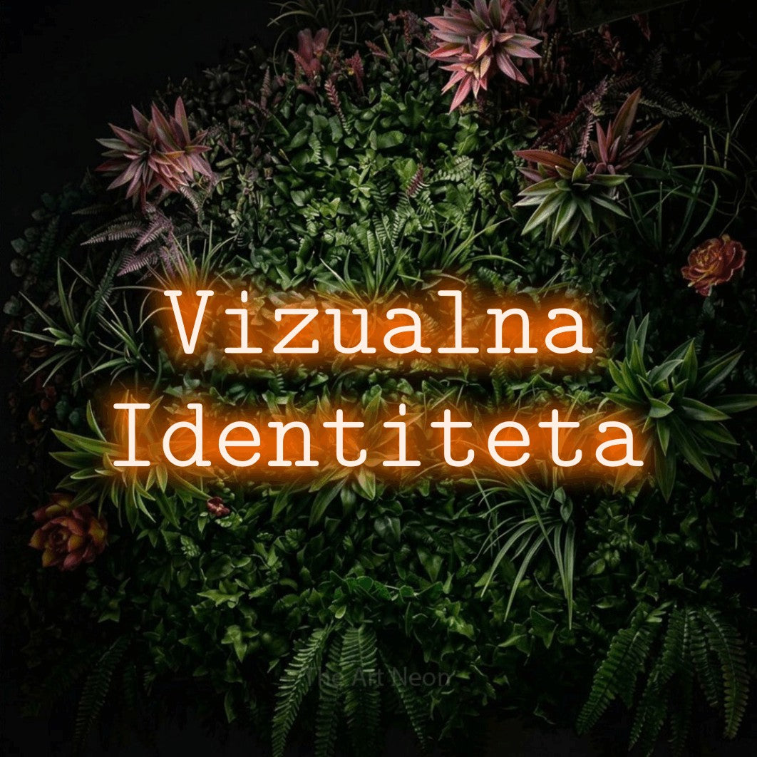 LED neon sign reading “Vizualna Identiteta”, arranged in two lines.