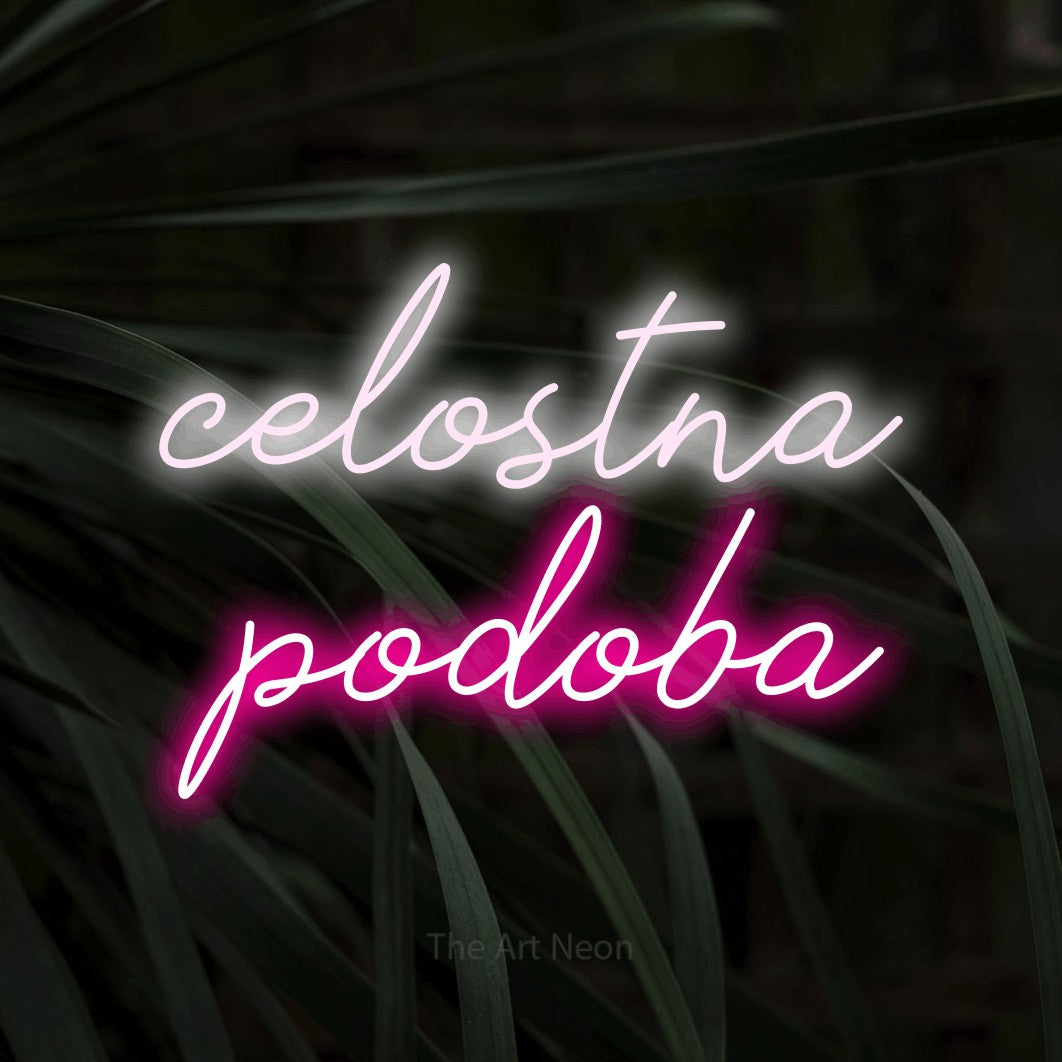 LED neon sign reading “celostna podoba”, arranged in two lines.
