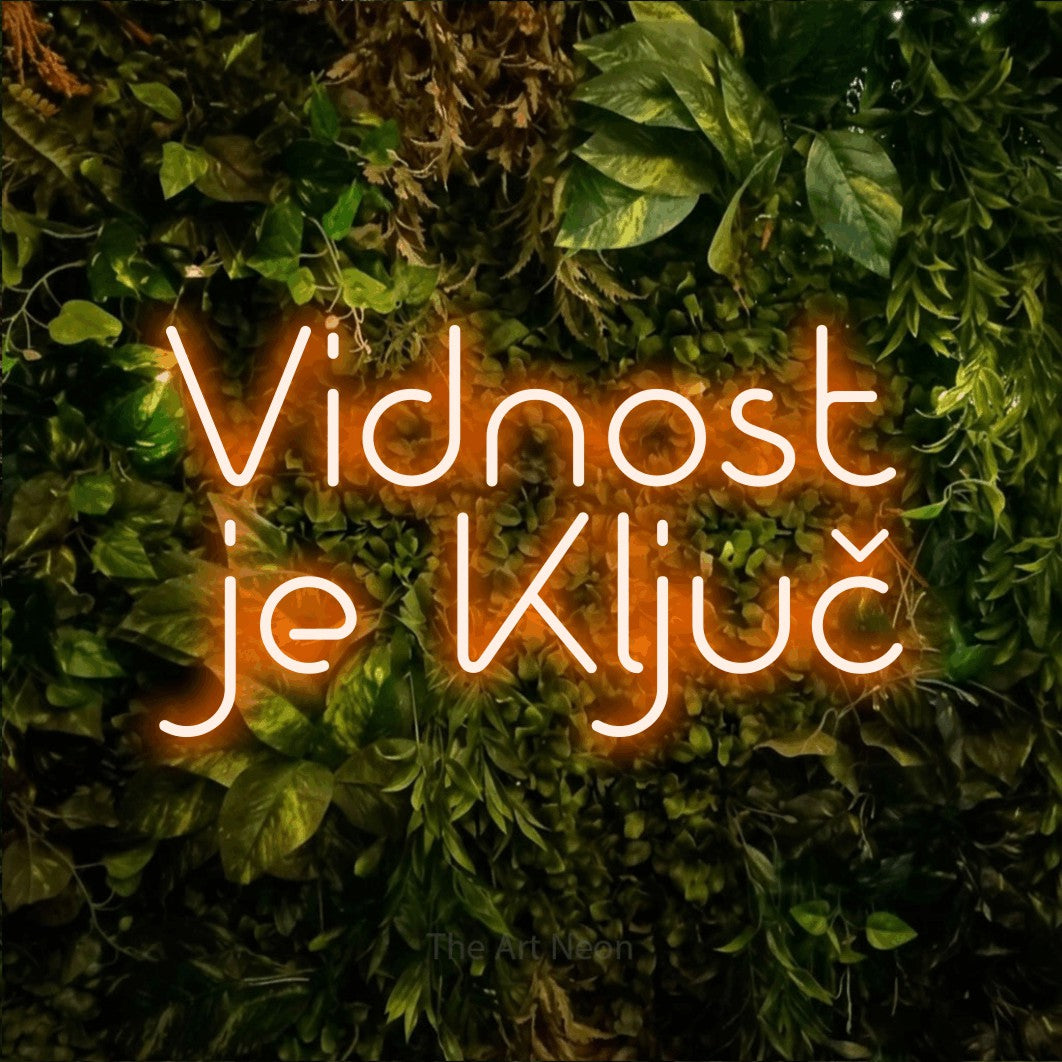 LED neon sign reading “Vidnost je Ključ”, arranged in two lines.