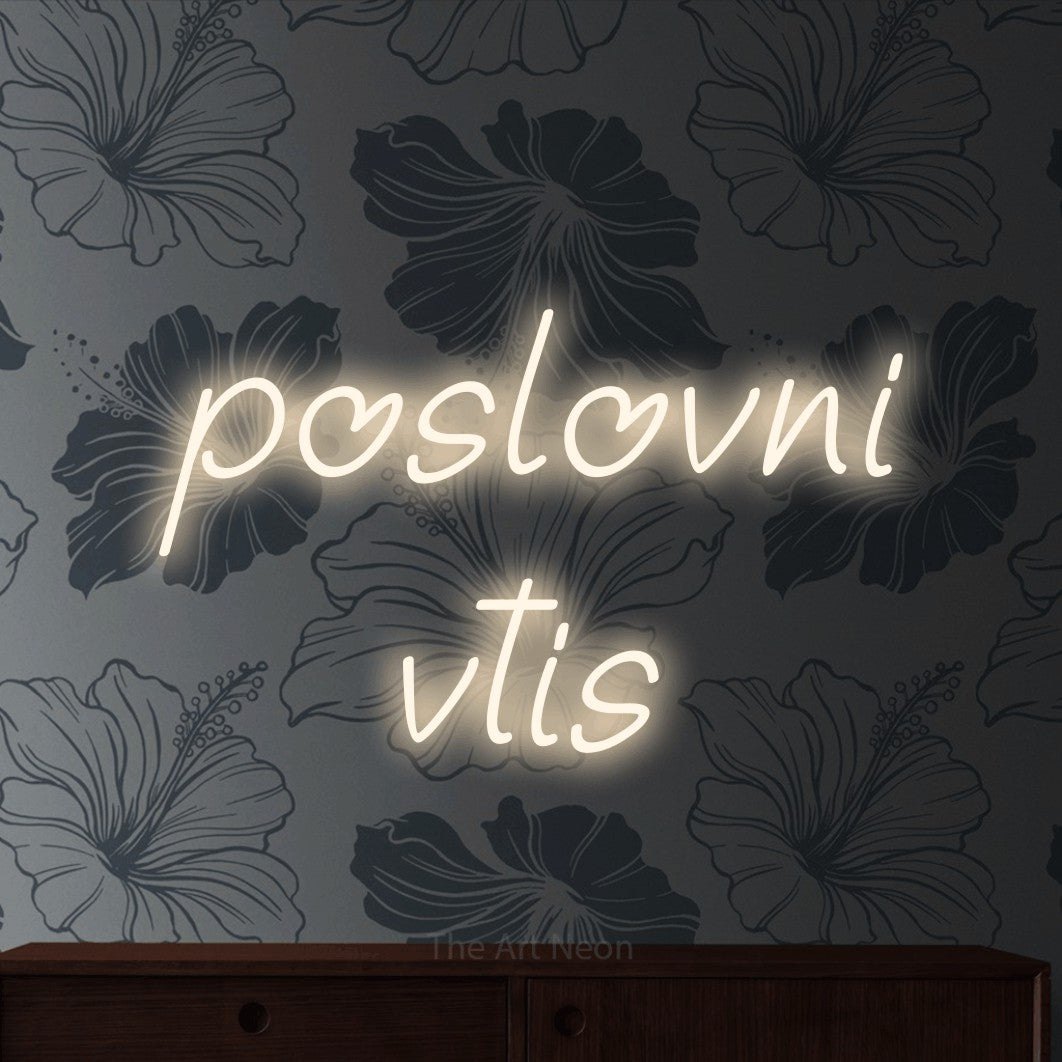 LED neon sign reading “poslovni vtis”, arranged in two lines.