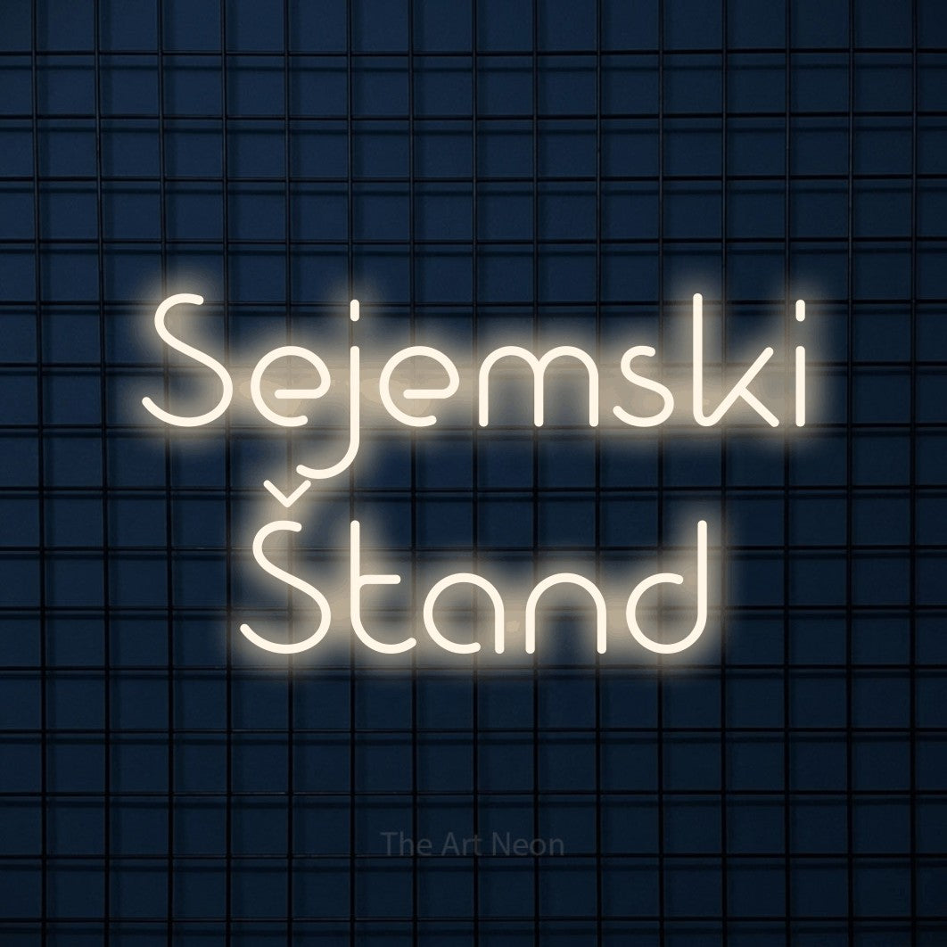 LED neon sign reading “Sejemski Štand”, arranged in two lines.