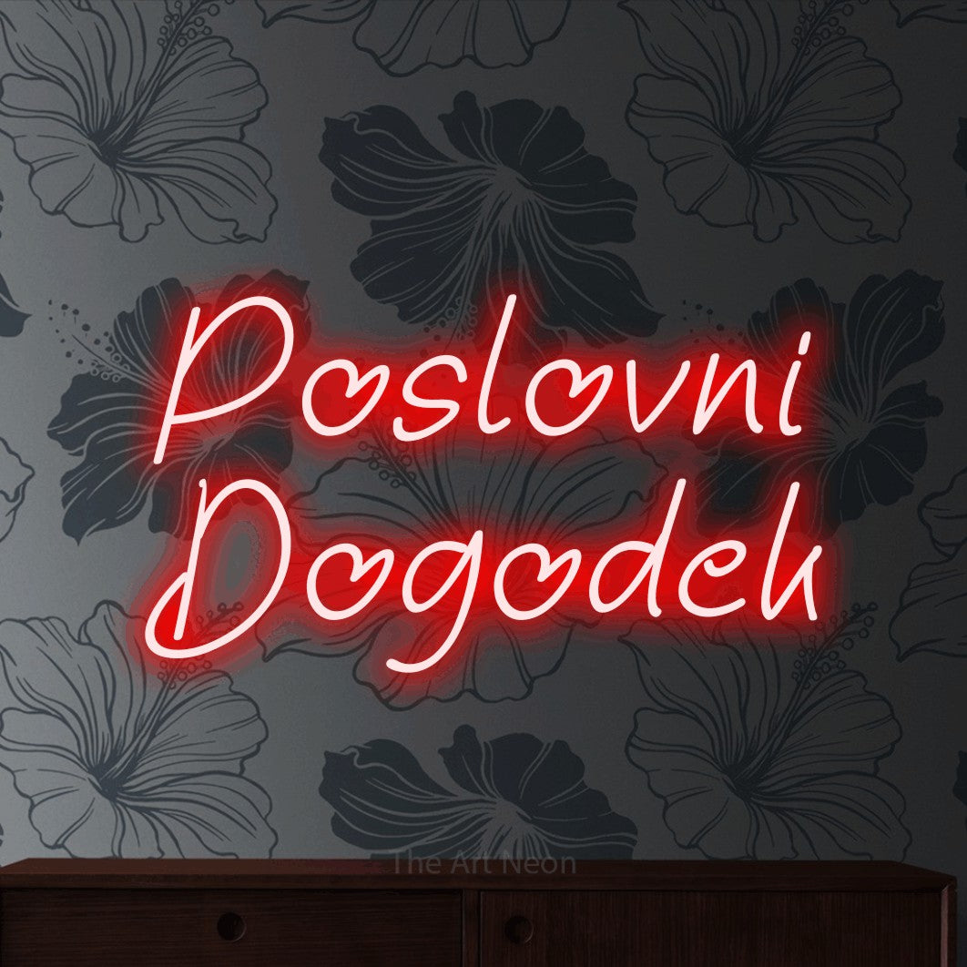 LED neon sign reading “Poslovni Dogodek”, arranged in two lines.