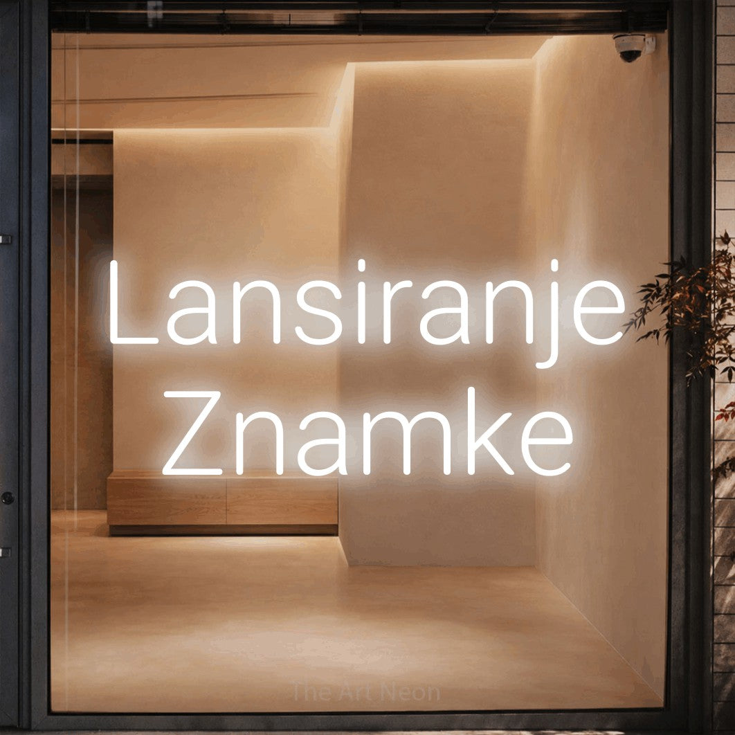 LED neon sign reading “Lansiranje Znamke”, arranged in two lines.