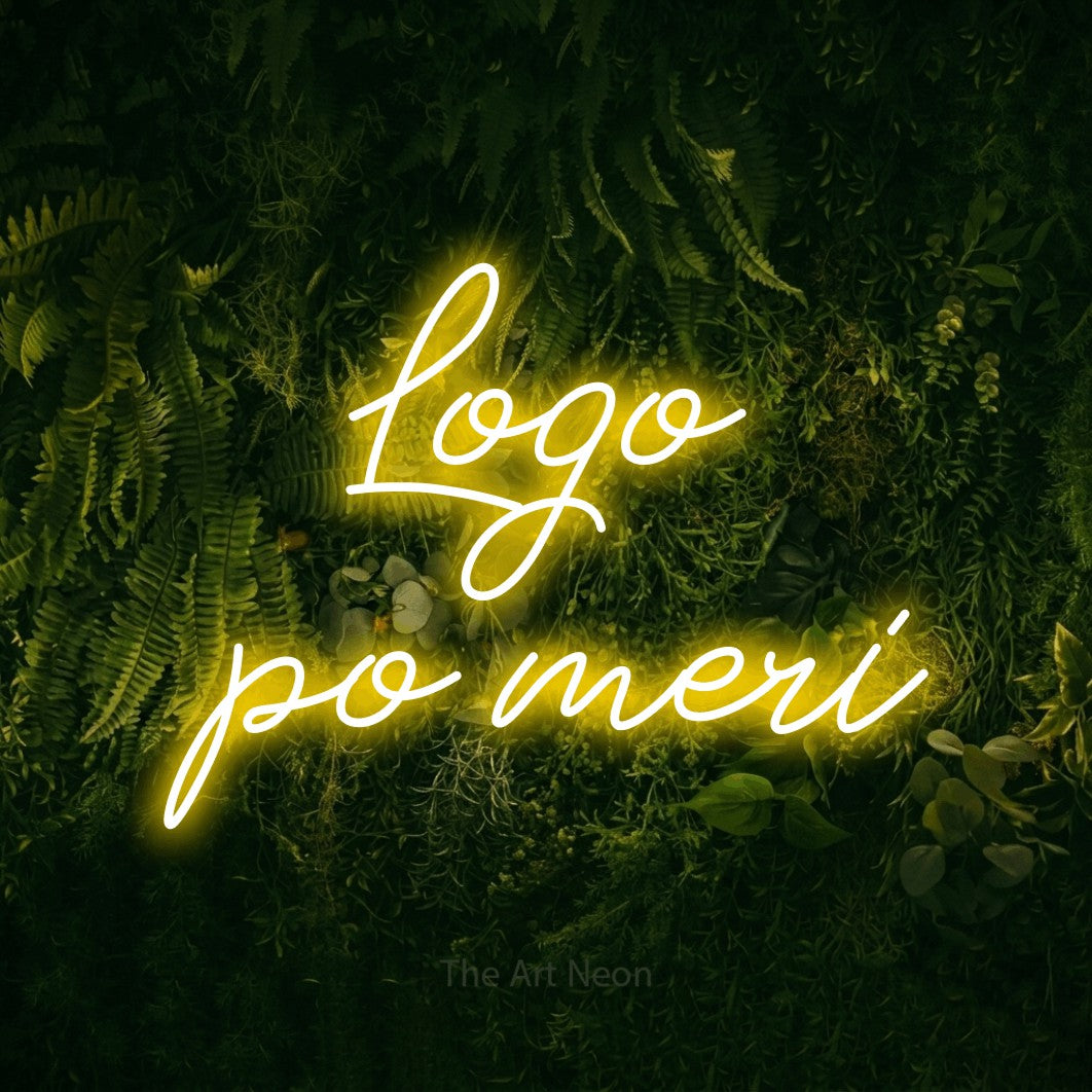 LED neon sign reading “Logo po meri”, arranged in two lines.