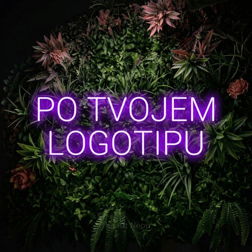 LED neon sign reading “PO TVOJEM LOGOTIPU”, arranged in two lines.