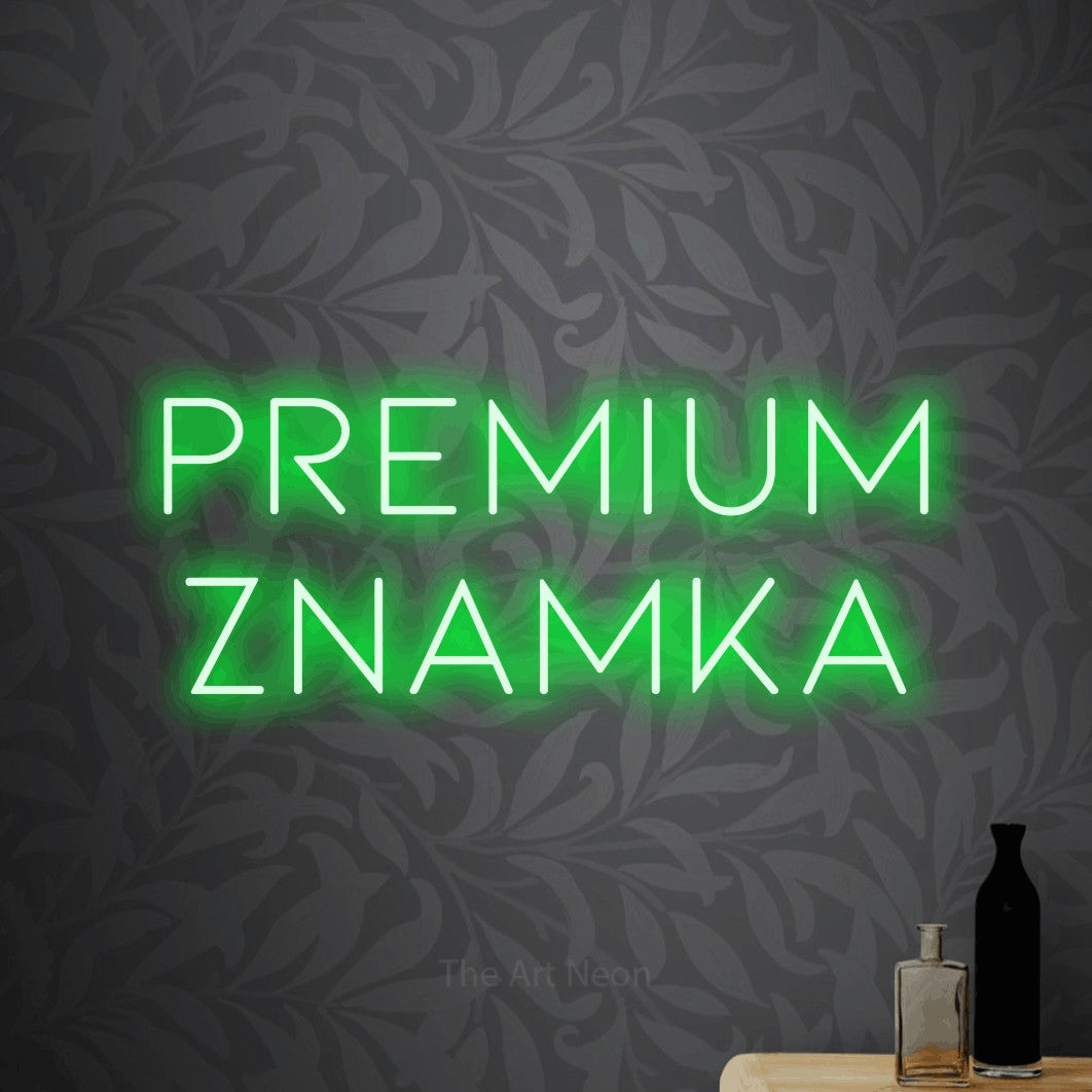 LED neon sign reading “premium znamka”, arranged in two lines.