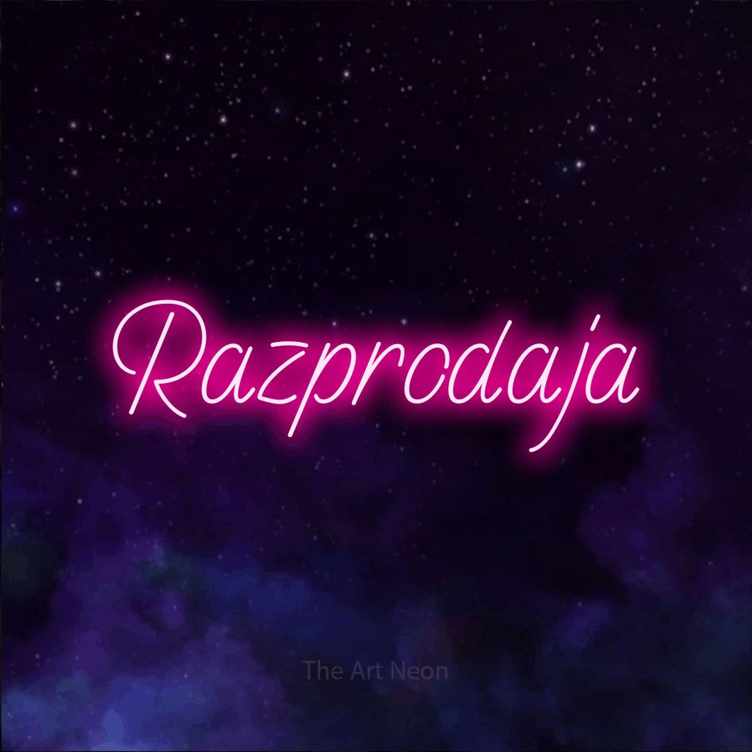 LED neon sign reading “Razprodaja”, arranged in a single line.
