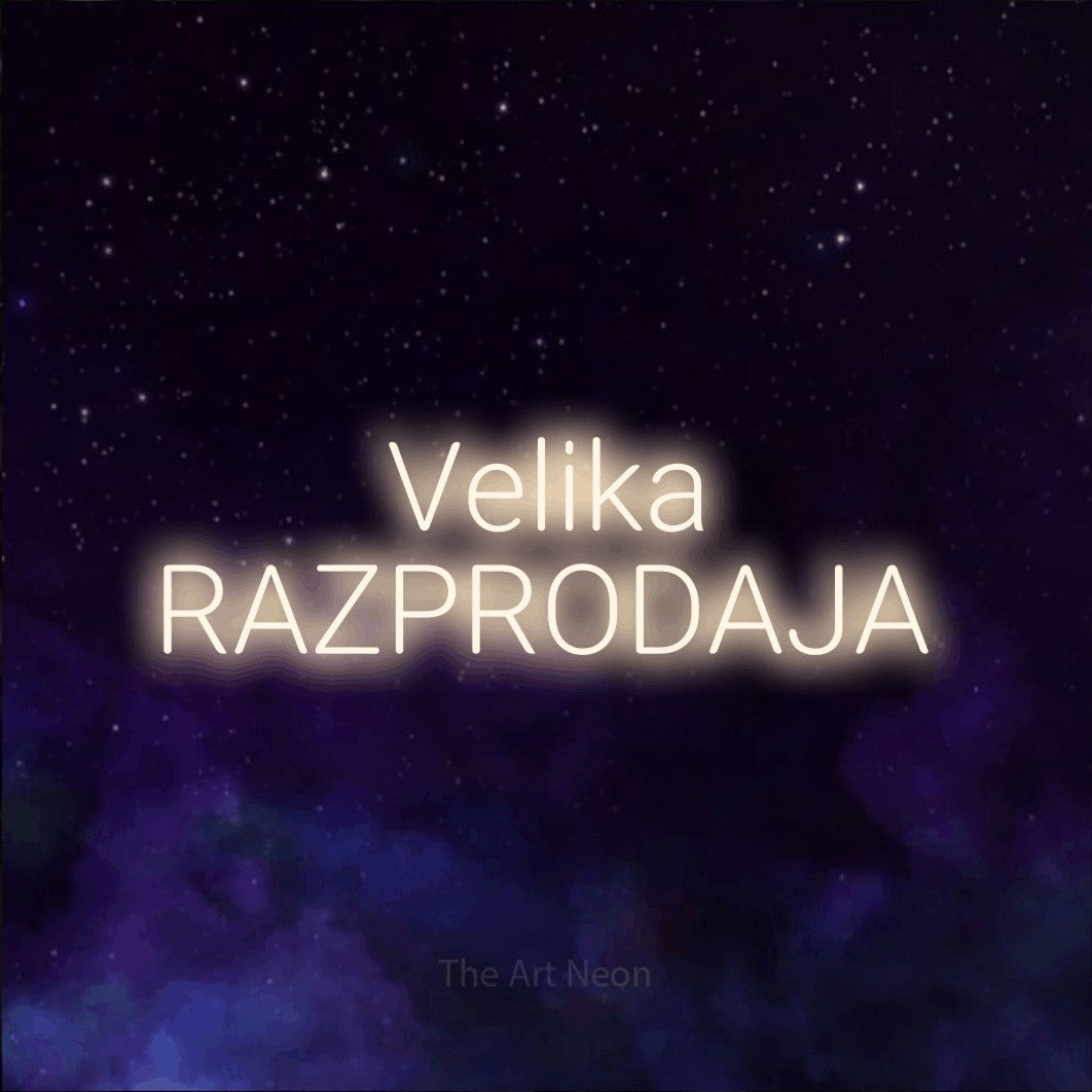 LED neon sign reading “Velika RAZPRODAJA”, arranged in two lines.