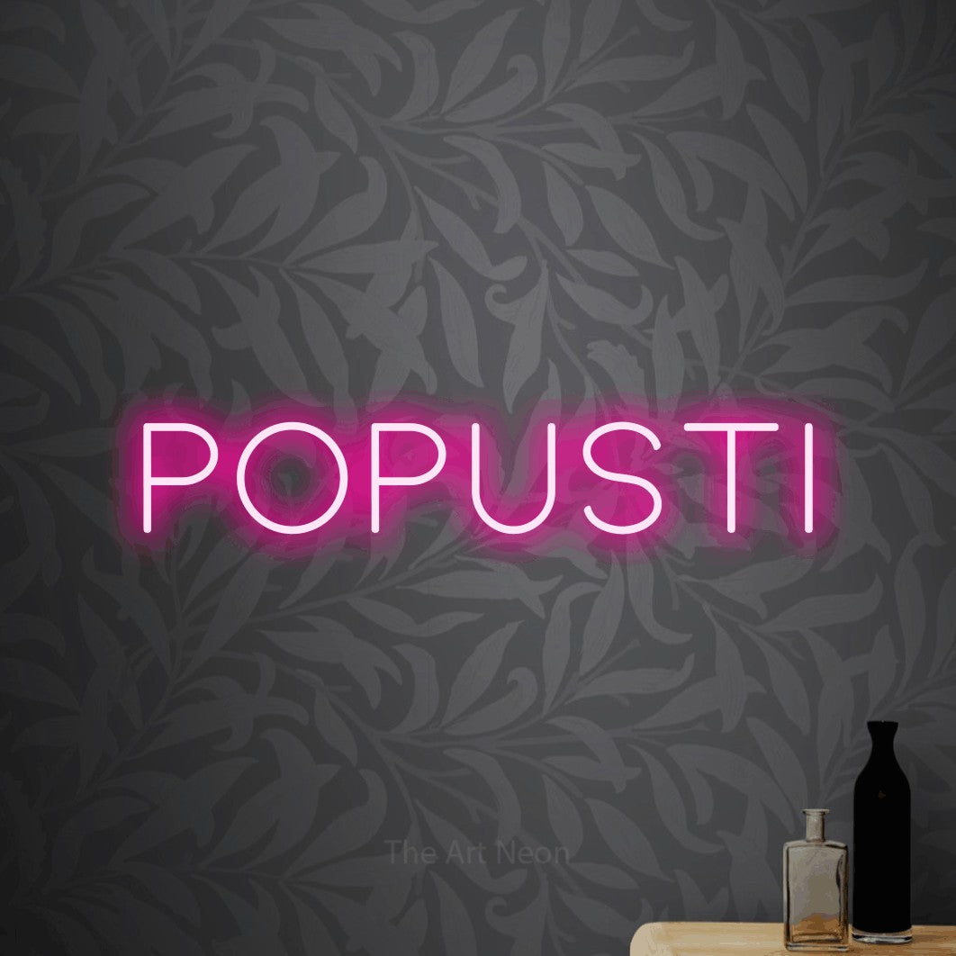 LED neon sign reading “Popusti”, arranged in a single line.