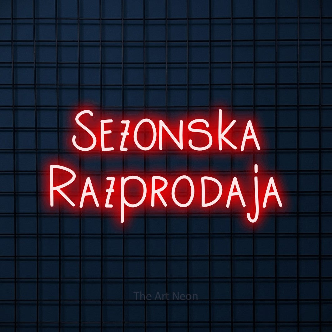LED neon sign reading “Sezonska Razprodaja”, arranged in two lines.
