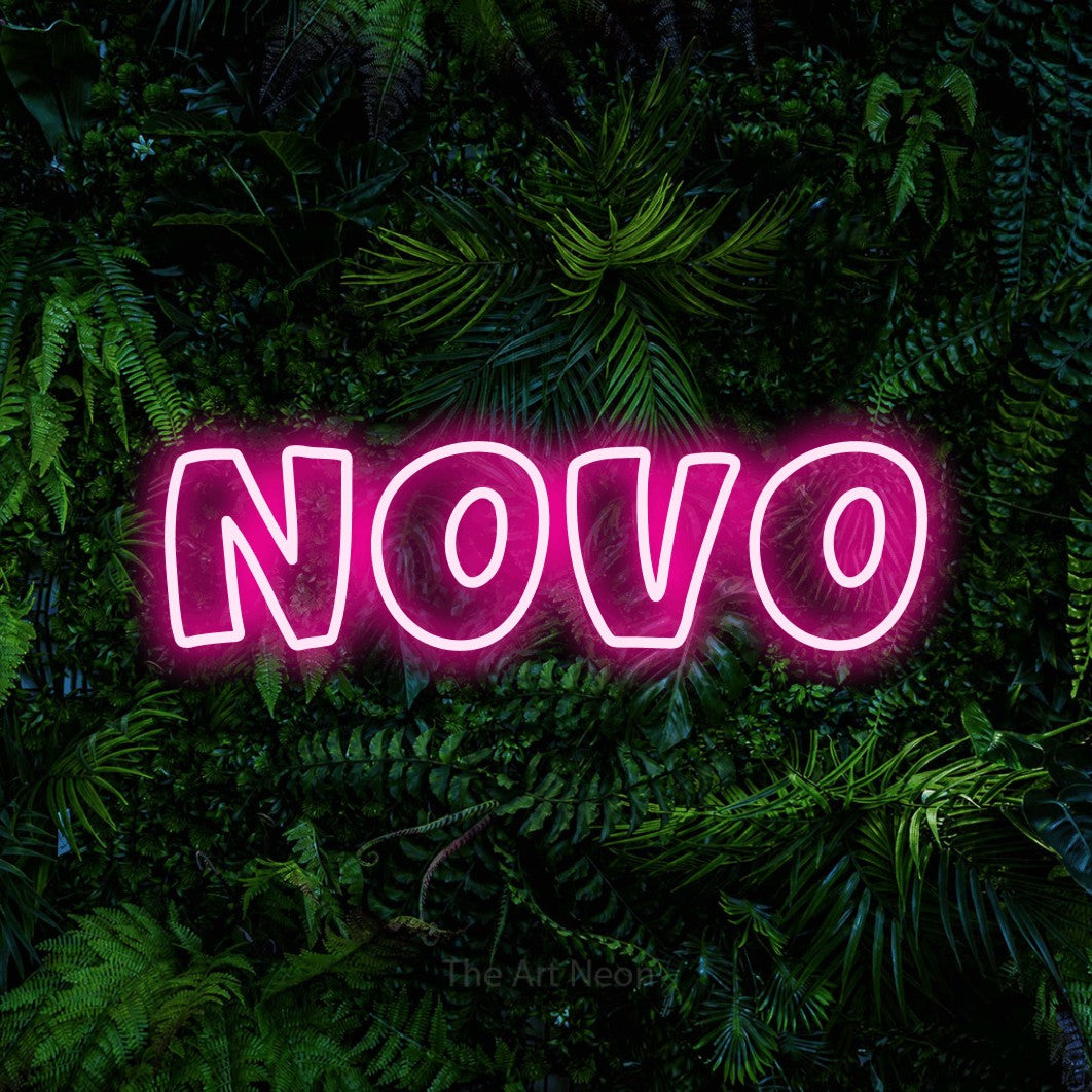 LED neon sign reading “NOVO”, arranged in a single line.
