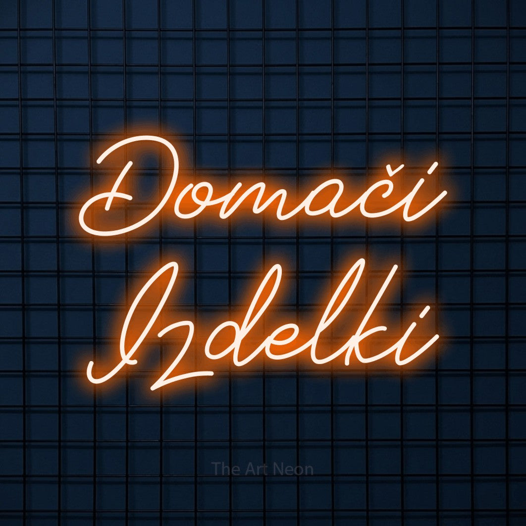 LED neon sign reading “Domači Izdelki”, arranged in two lines.