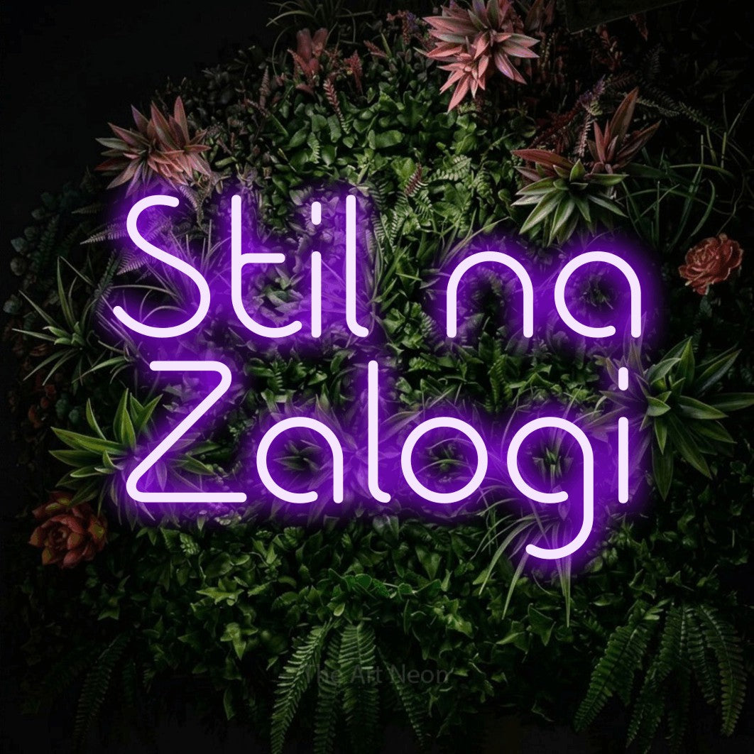 LED neon sign reading “Stil na Zalogi”, arranged in two lines.