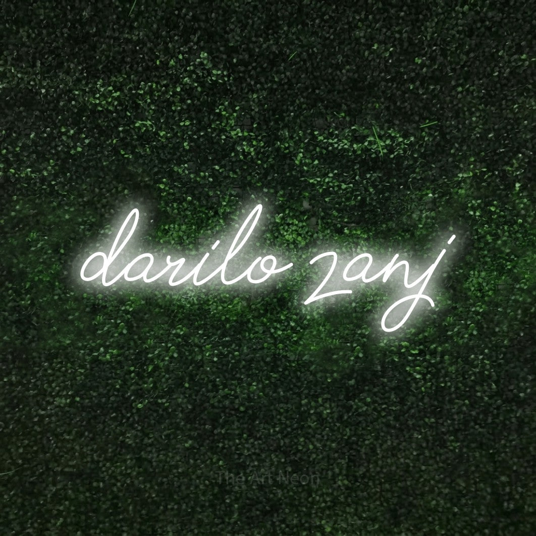 LED neon sign reading “darilo zanj”, arranged in a single line.