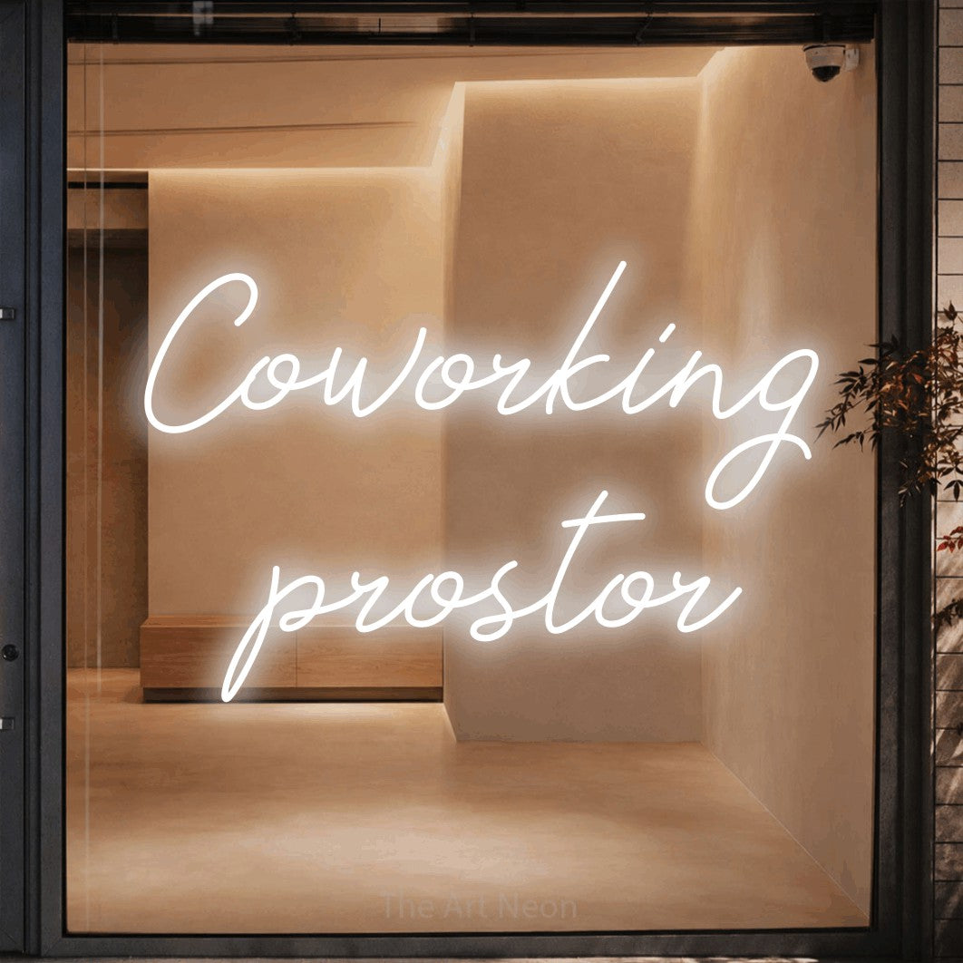 LED neon sign reading “Coworking prostor”, arranged in two lines.
