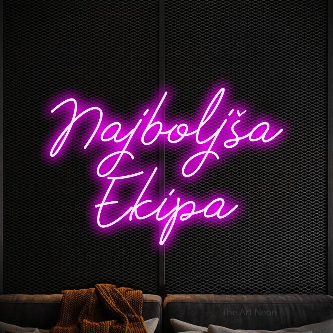 LED neon sign reading “Najboljša Ekipa”, arranged in two lines.