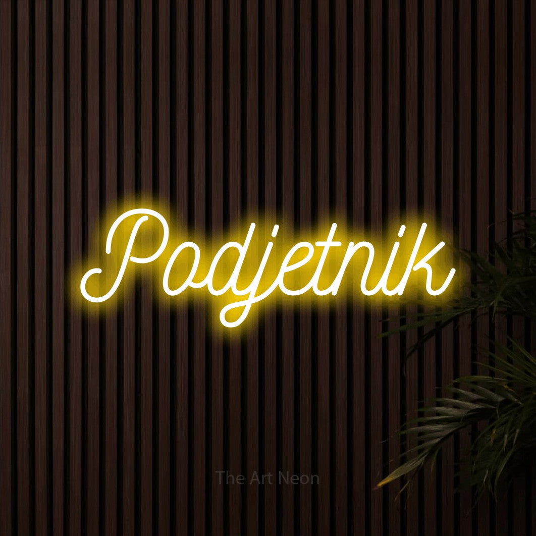 LED neon sign reading “Podjetnik”, arranged in a single line.