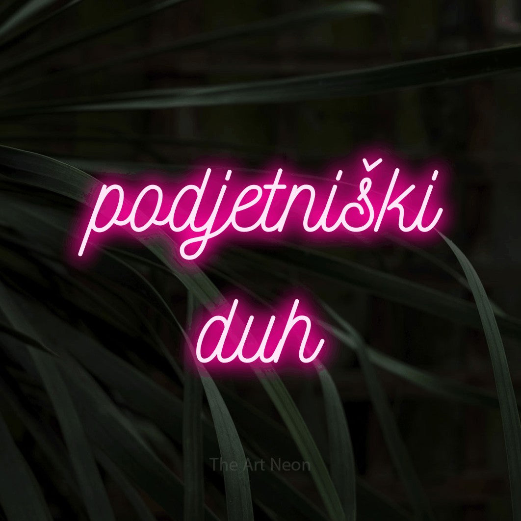 LED neon sign reading “podjetniški duh”, arranged in two lines.