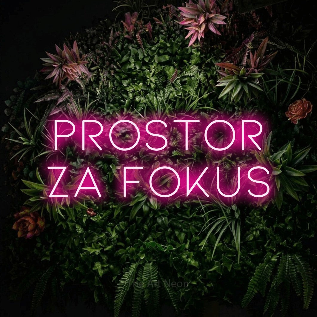 LED neon sign reading “Prostor za Fokus”, arranged in two lines.