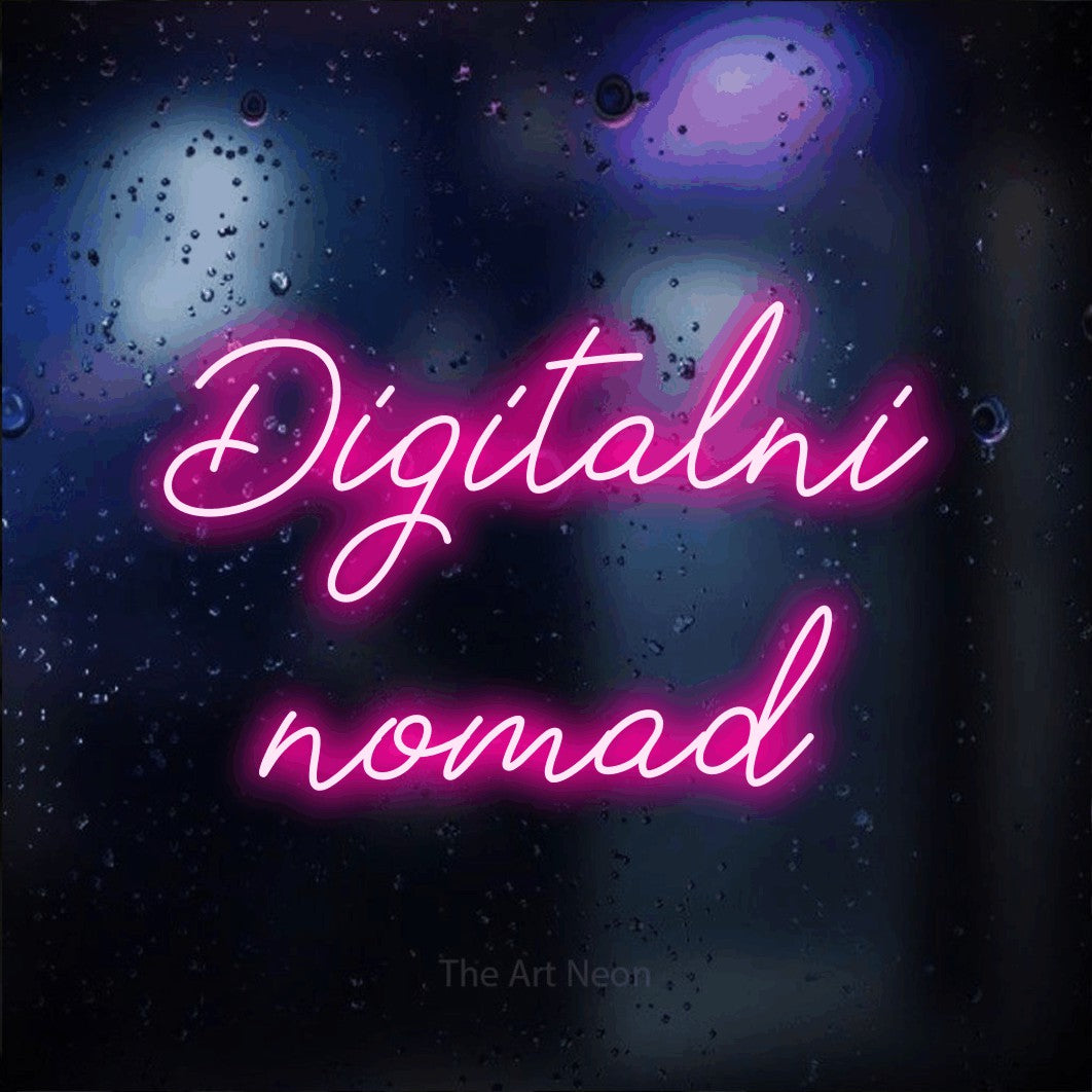 LED neon sign reading “Digitalni nomad”, arranged in two lines.