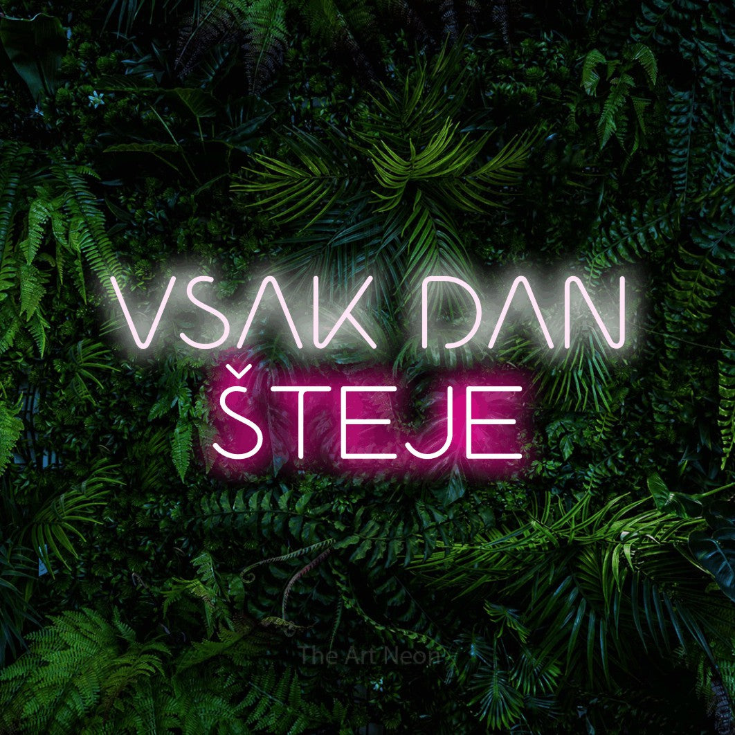 LED neon sign reading “VSAK DAN ŠTEJE”, arranged in two lines.