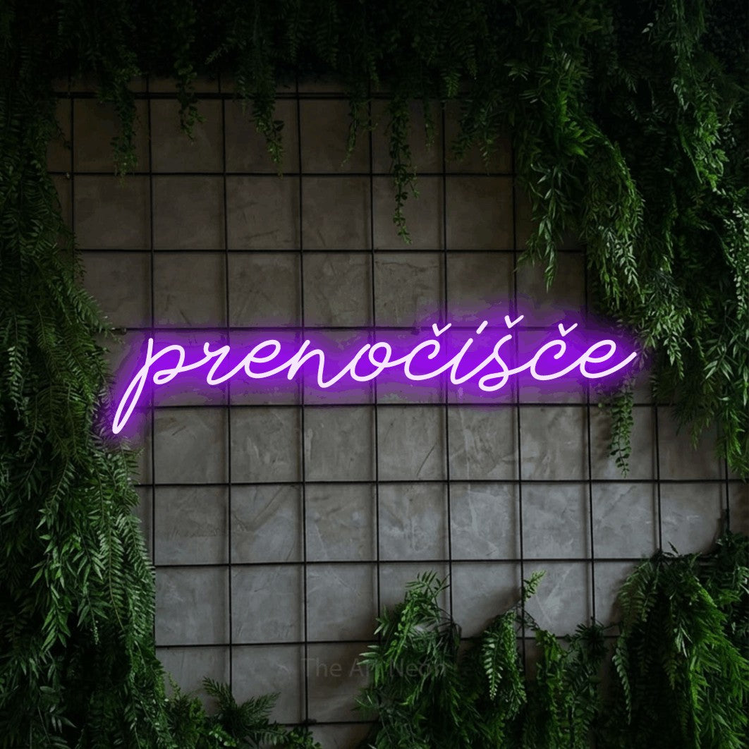 LED neon sign reading “prenočišče”, arranged in a single line.
