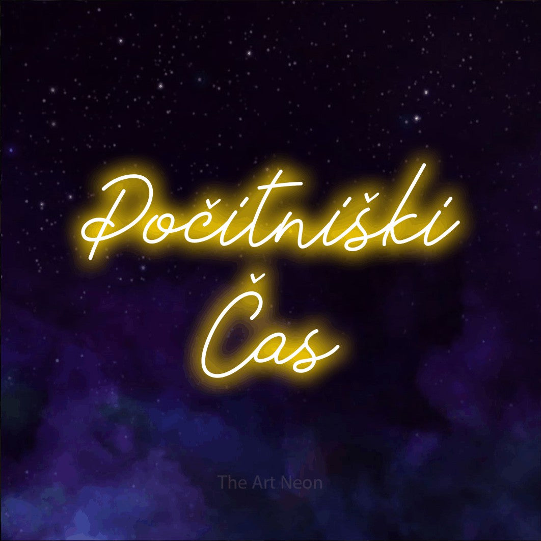 LED neon sign reading “Počitniški Čas”, arranged in two lines.