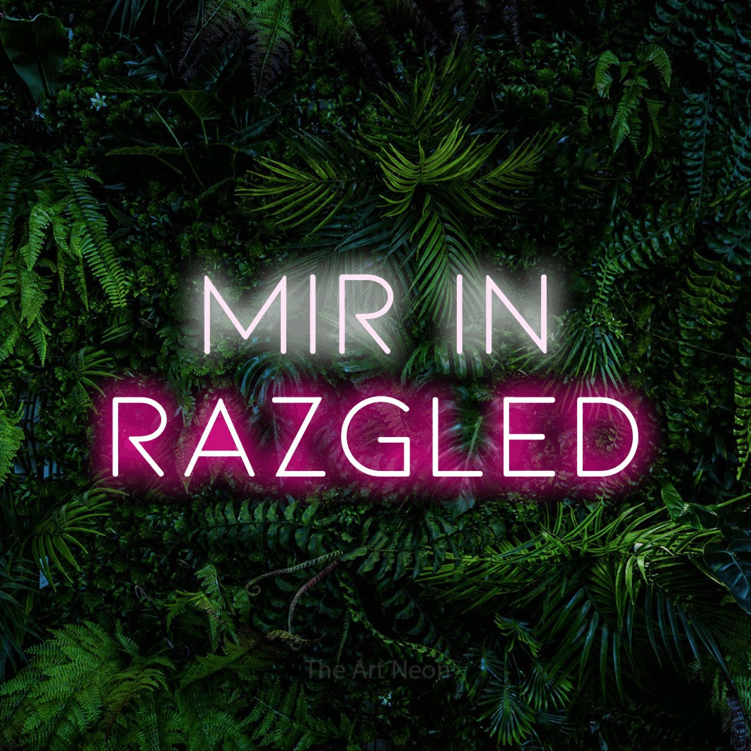 LED neon sign reading “Mir in Razgled”, arranged in two lines.